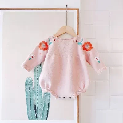 

Baby Knit Romper 2019 Spring Baby Girl Romper 100% Cotton Embroidery Floral Newborn Baby Rompers Long Sleeve Infant Baby Clothes