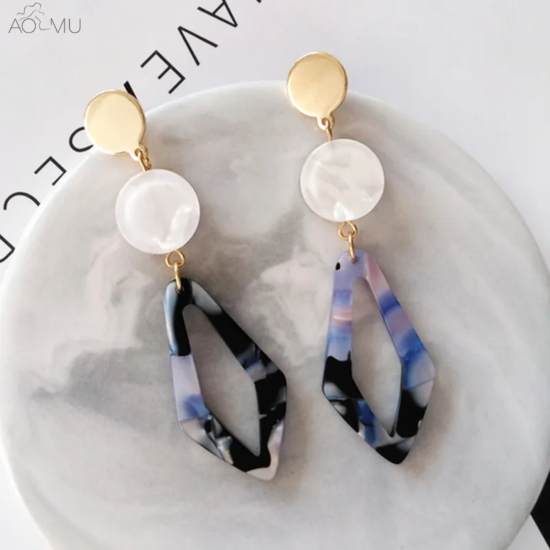 

AOMU 2019 New Fashion Japan Korean Metal Geometry Circle Colorful Acrylic Resin Drop Earrings Accessories Party Gift