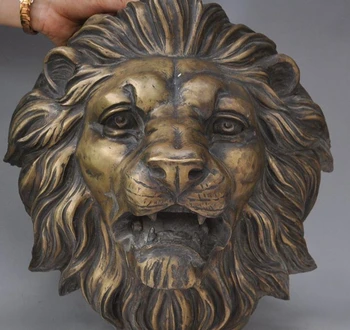 

17" old china fengshui bronze Evil Male lion Head statue Decorative Wall hanging