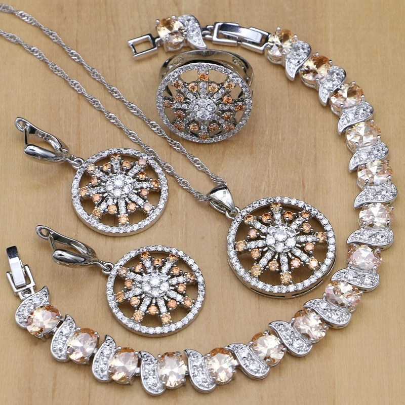 

925 Silver Bridal Jewelry Sets Champagne Cubic Zirconia Earrings For Women /Pendant/Necklace/Rings/Bracelet Indian jewelry 2018