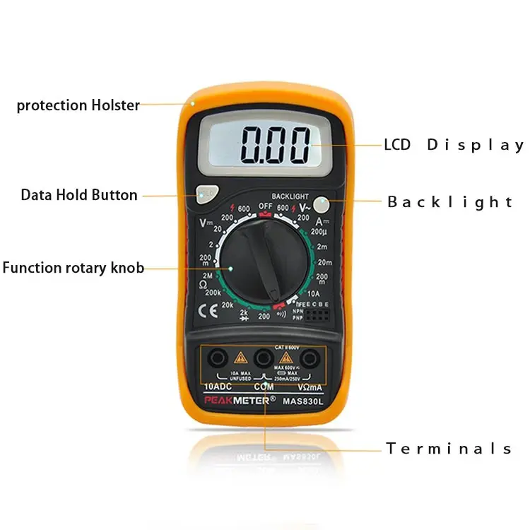 Официальный PEAKMETER MAS830L портативный ручной мультиметр для постоянного или переменного тока Измеритель сопротивления напряжения