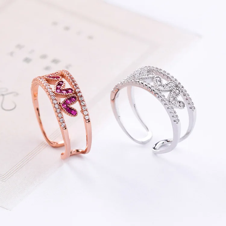 

Korean Rose Gold & Silver Cubic Zircon Double Layer Hollow Love Heart Open Rings for Women Girls Wedding Engagement Jewelry Gift