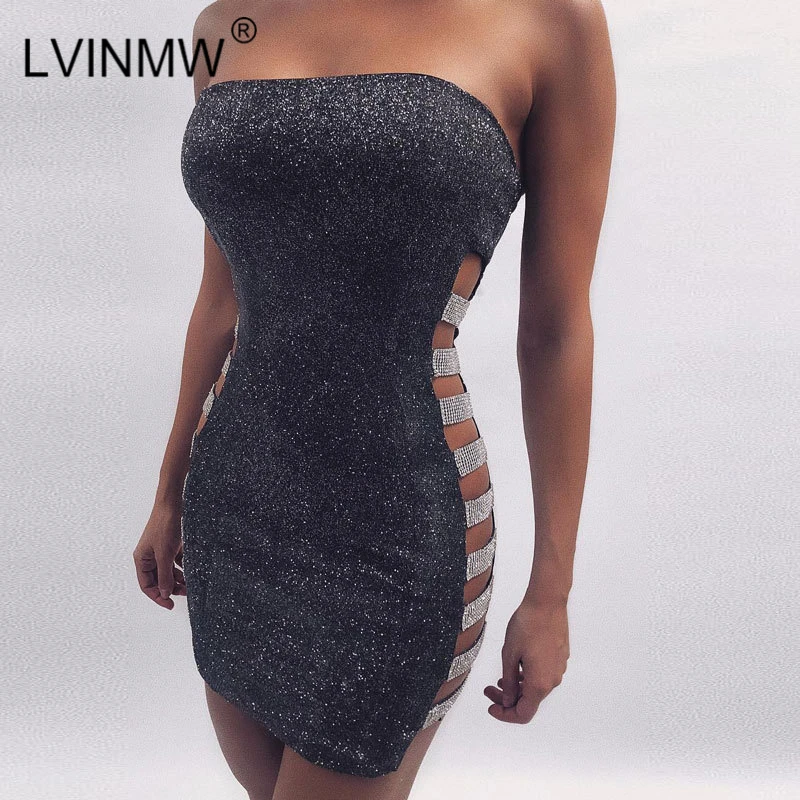 

LVINMW Sexy Shiny Reflective Bodycon Dress 2019 Summer Women Off Shoulder Side Elastic Hollow Out Back Zipper Mini Dresses Party
