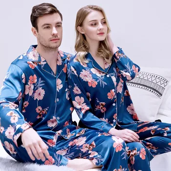 

Spring Autumn Silky Satin Couple Sleepwear Set Long Sleeve Pajama Pyjama Suit Large Size M-3XL Lovers 2PCS Nightwear Pijamas
