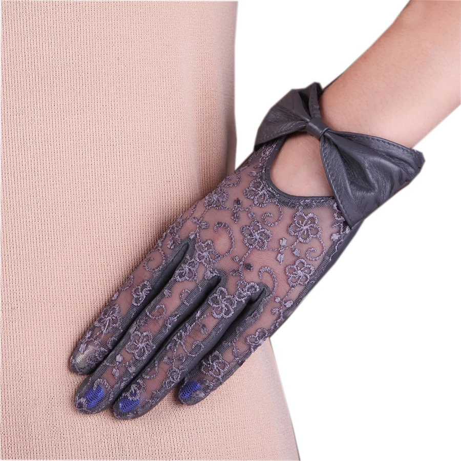 Fashionable Ladies Genuine Leather Gloves Bow Lace Spring / Autumn