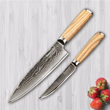 

Sunnecko 2PCS Damascus Knife Sets Original Wood Handle Razor Sharp Japanese VG10 Steel 8" Chef 5" Utility Knives Slicer Cutter