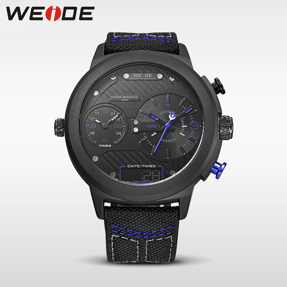 WEIDE luxury genuine nylon watchband Double time zone round big dial ...