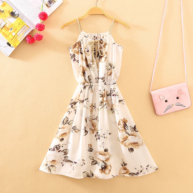

2019 summer new style women sweet broken flower condole belt shows thin chiffon Sleeveless Knee-Length O-Neck dress