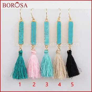 

BOROSA Gold Color Rectangle Blue Howlite Stone Connector Rainbow Tassel Earrings, Druzy Stone Drop Earrings for Women G1241