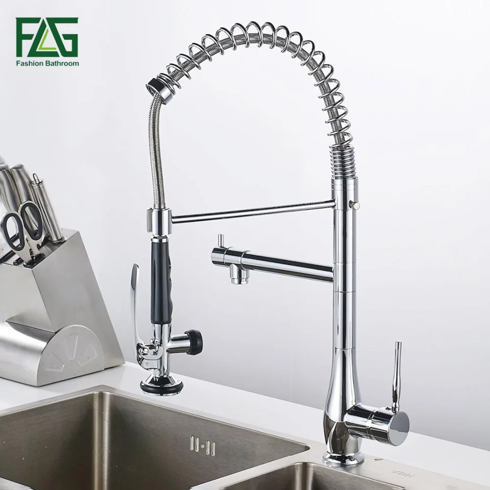 

FLG Spring Style Brushed Nickl Kitchen Faucet Mixer Dual Sprayer Swivel Spout Rotatable Hot Cold Fauceta Pull Out Sink Mixer Tap