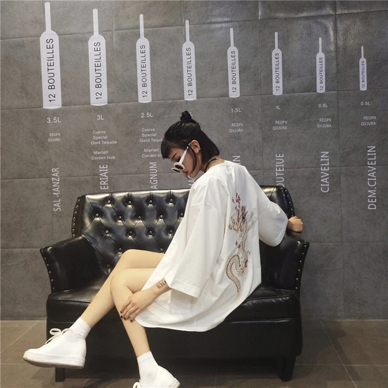 harajuku Japanese kimono cardigan 2019 vintage novelty summer cherry dragon embroidery chiffon sun protection women clothing