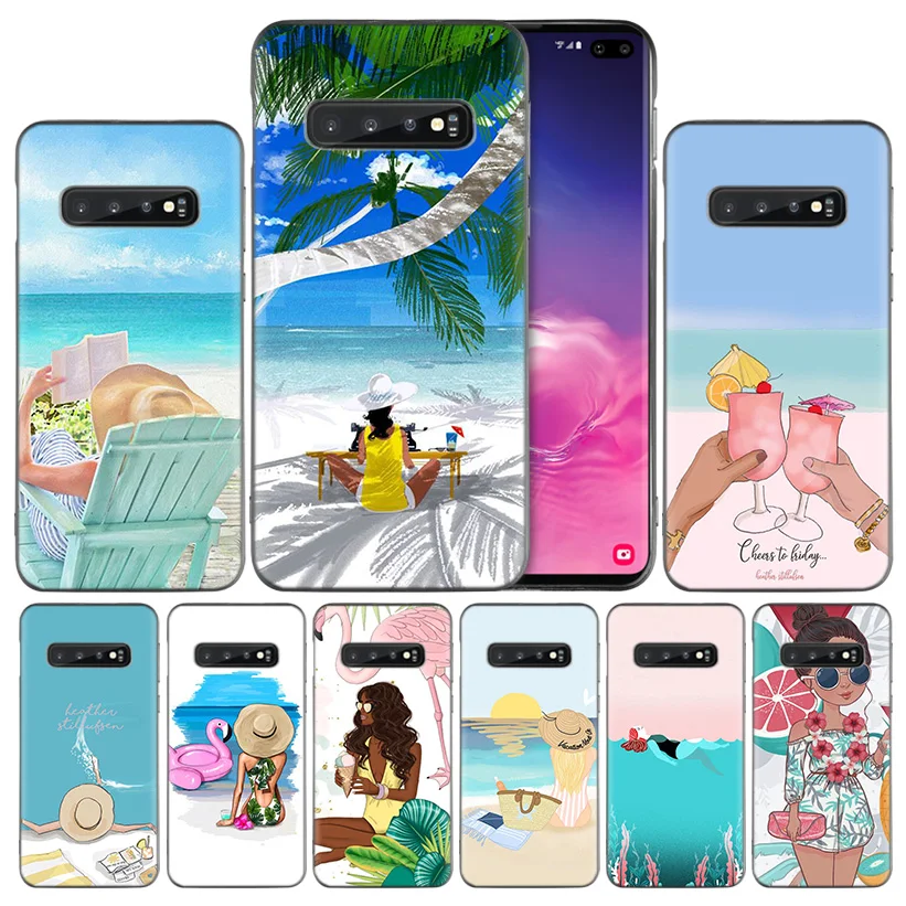 

Summer beach girl Black Silicone Case Cover for Samsung Galaxy S10 S10e 5G S9 S8 S7 S6 Edge J8 J6 J5 J4 Plus 2018