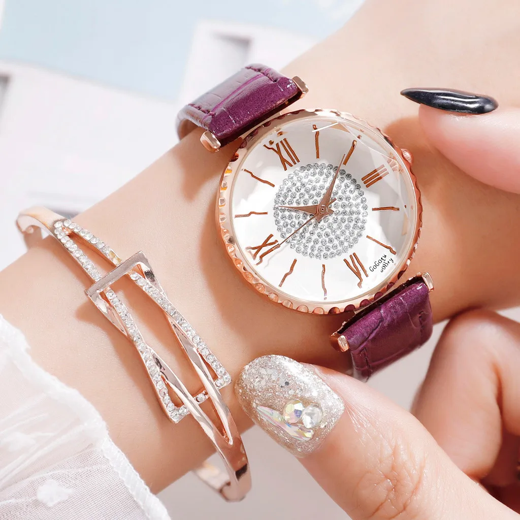

New Fashion Leather Circle Brick Stone Dial Roman Digital Scale Belt Quartz Female Watch Montre Femme 2019 Luxe Bayan Kol Saati