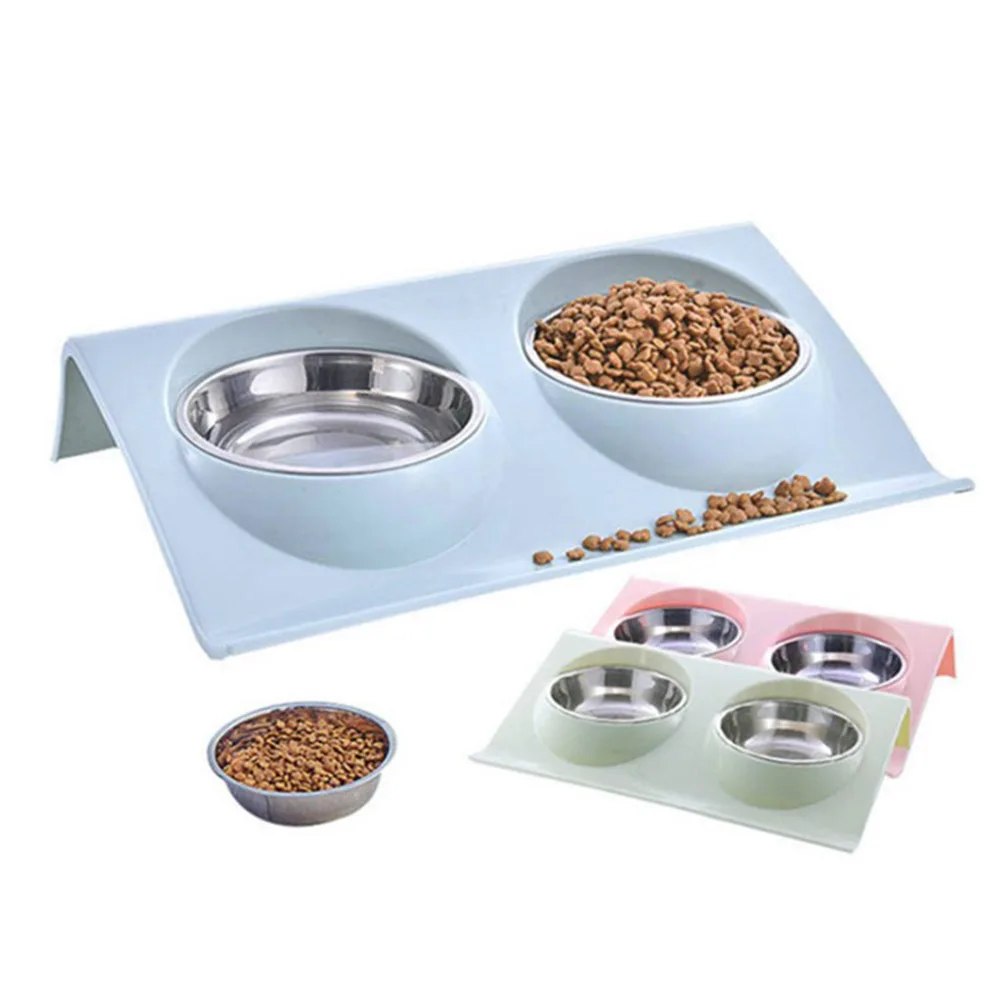 Stainless Steel Pet Puppy Dog Double Bowls Food Plate Teddy Dog Cat