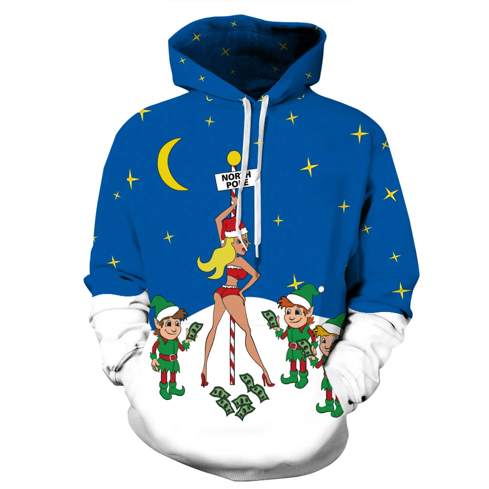 

Women/Men Sport Sweatshirts Hoodies Christmas Snow White Print Sportwear Blue Tops Pocket Autumn Pullover Cycling Hooded Sweater