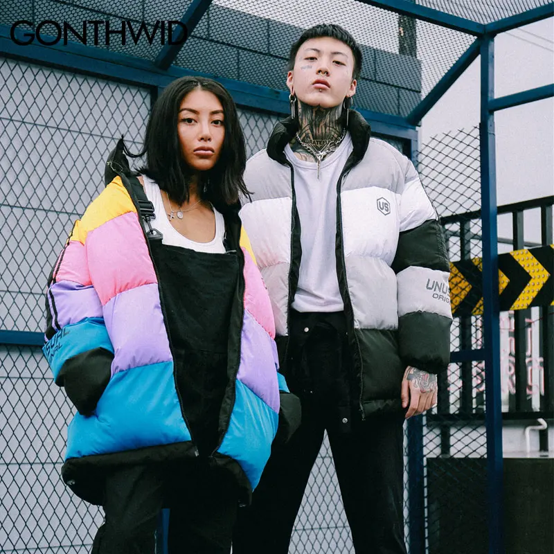 GONTHWID для мужчин женщин хип хоп зимние толстые парки Harajuku радуга цвет блок