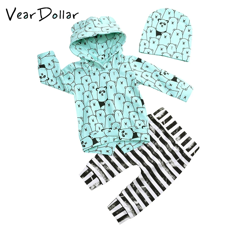 

VearDoller Baby Clothing Sets Cotton Cute Bear Pattern Hooded Top + Striped Pants + Hat 3pcs Infant Suit for Boys Baby's Sets