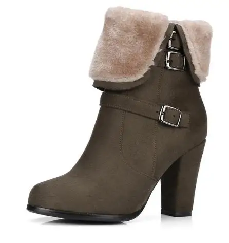 

KNCOKAR Brand Thick Plush Snow Ankle Boots Women Keep Warm Winter Boots Buckle Strap Side Zipper Thick High Heels Shoes Woman
