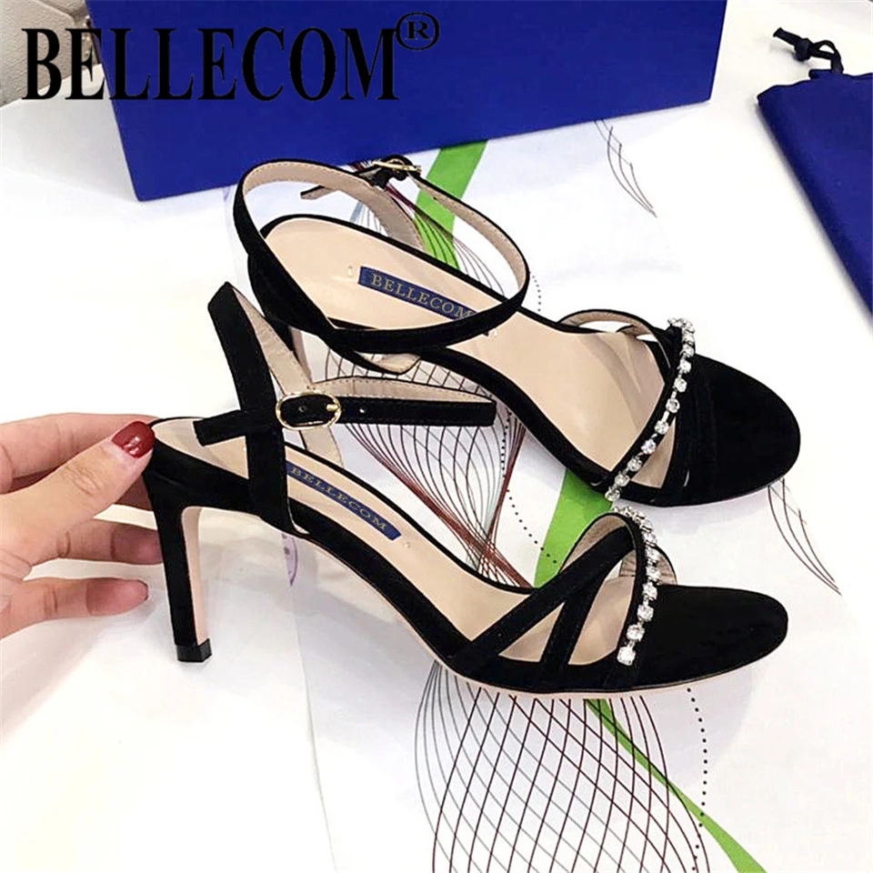 

BELLECOM Summer commute versatile leather open-toe sandals with high heels for comfortable cross-cut drapery for women