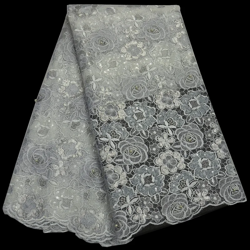 

Free shipping (5yards/pc) fantastic embroidered African French net lace fabric with white silver sequins embroidery beads FLP812