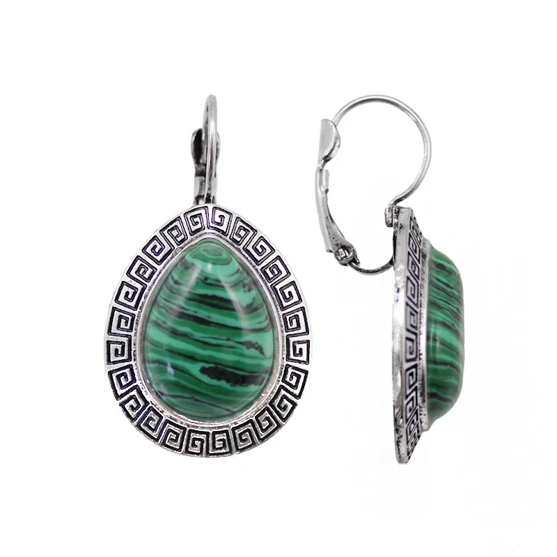 Женские винтажные серьги капли FLOLA Green Malachite большие с камнями Винтажные