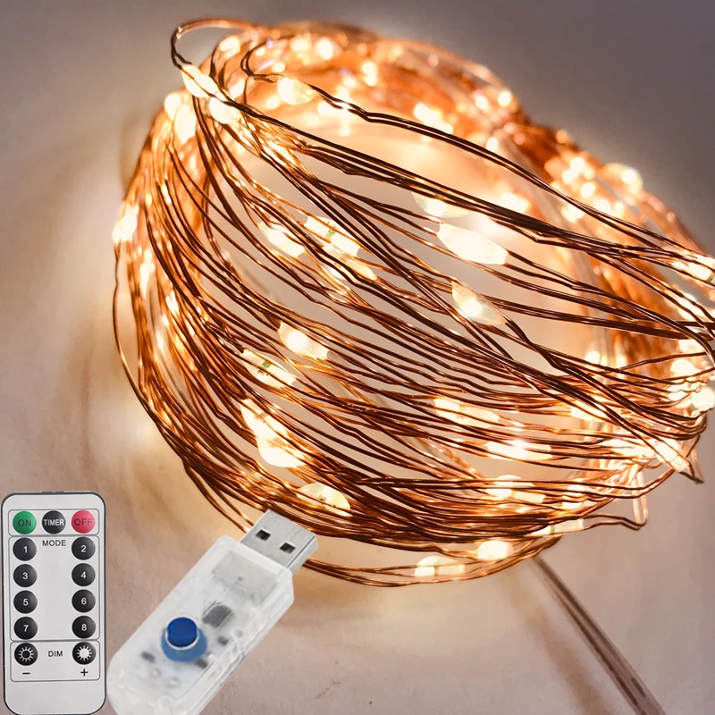 

USB 5M/10M Led String Lights with Remote Control Silver Copper Wire Fairy Light for Wedding Xmas Christmas Holiday Bedroom Decor