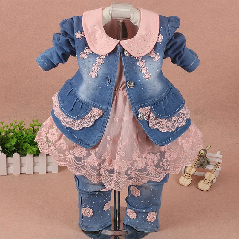 Детский комплект, одежда для маленьких девочек костюм из 3 предметов, куртка джинсовые штаны осенне-весенние джинсы roupa para, розовый комплект для малышей, de bebe