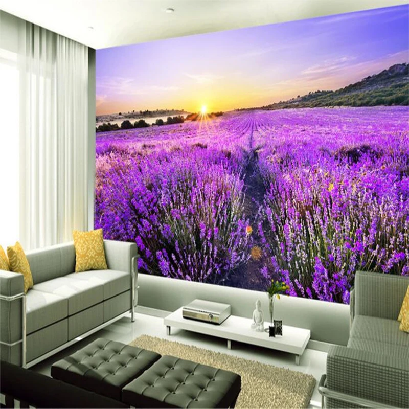 

beibehang Custom 3d wallpaper romantic purple lavender flower field gold sunrise wallpaper background wall decoration painting