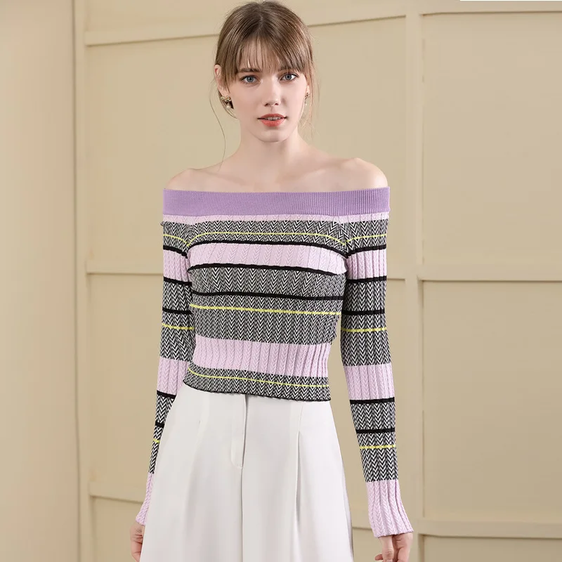 Striped print patchwork off shoulder slash neck elastic knit pullovers sweater shirts 2018 new women autumn short sweater 
