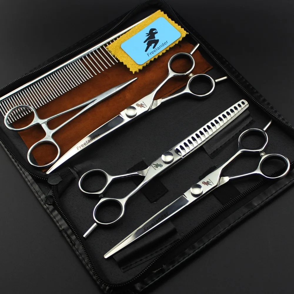 Freelander 7" Pet Scissors set Grooming Shears Set Straight/Curved//Chunke/Comb-Twin Tail Animals Hair Cutting Tools Kit