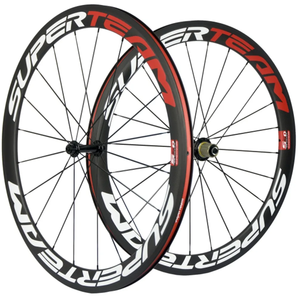 

SUPERTEAM 50mm Carbon Clincher Wheelset White/Red 100% Full Carbon R13 Hub Basalt Brake Line Carbon Road Bike Wheels