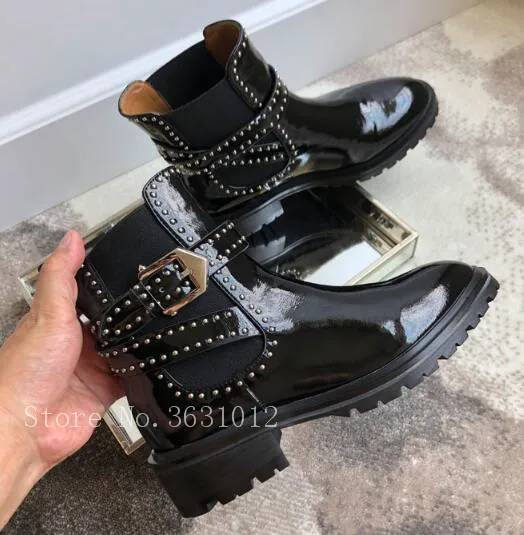 Martin Pic Punta Mujer Estrecha 2018 Charol Tacón Negro Botas Bloque Hebillas Pic De Tobillo Zapatos As Grueso as Para FnxEqPfOan