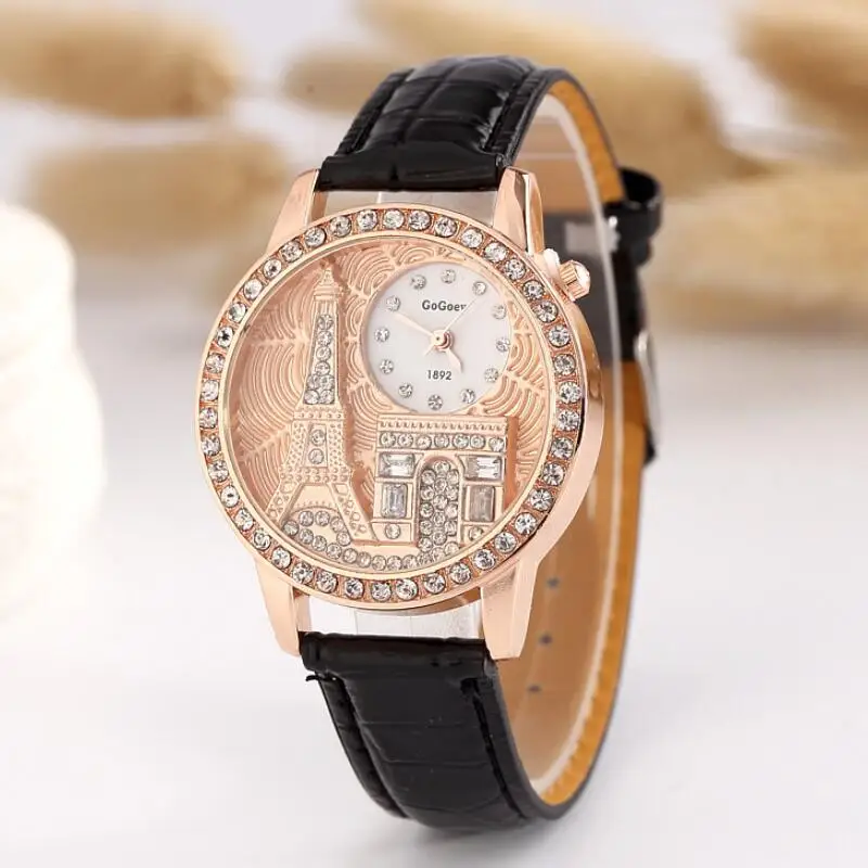MINHIN Brand Luxury Rhinestone Watches The Eiffel Tower Design Gold Plated Watch Ladies Fashion