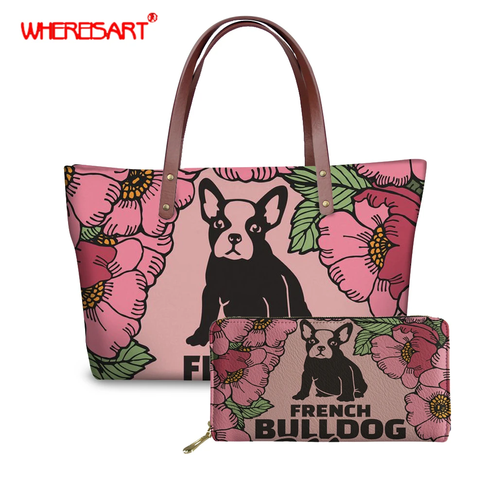 

WHEREISART Women Bag Large Messenger Bags Female Shoulder Handbag Women Top-Handle French Bulldog Pattern Purse Wallet Leather