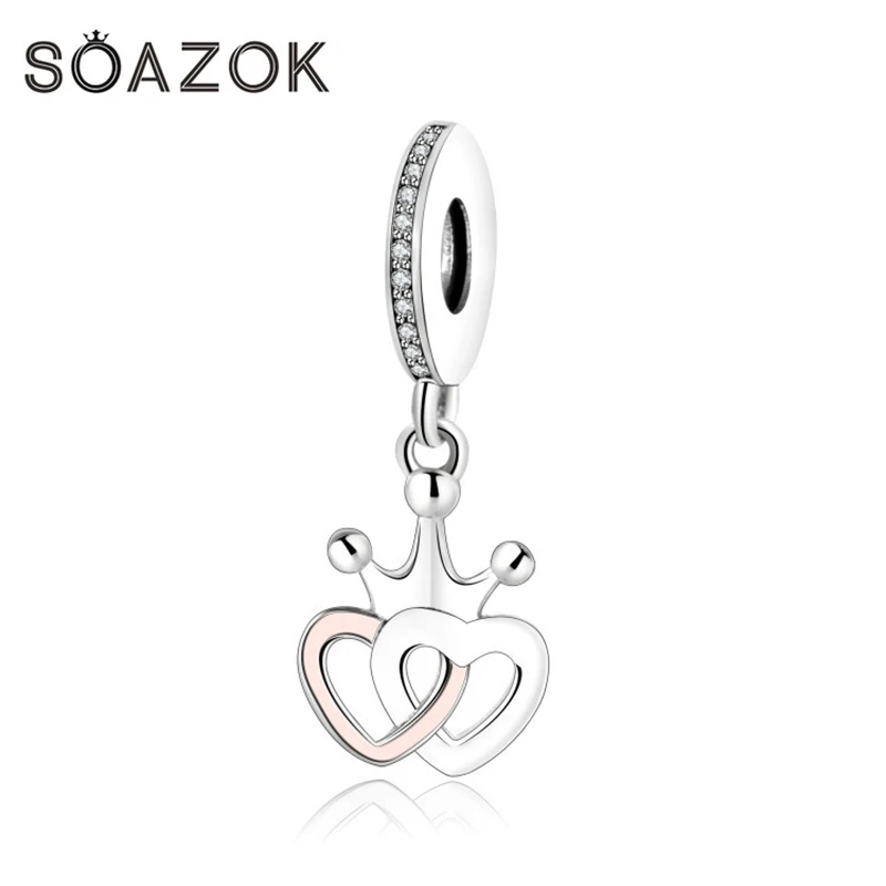 Soazok 100% S925 стерлингового серебра бисера Fit Pandora браслет двойной кулон в форме