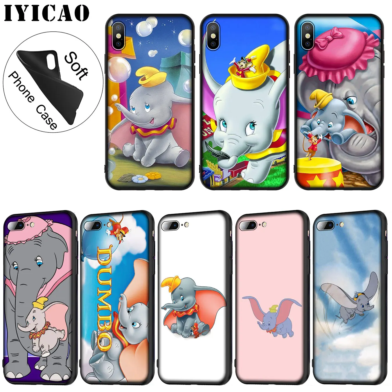 

IYICAO Dumbo Cute elephant Anime Soft Silicone Phone Case for iPhone XR X XS Max 6 6S 7 8 Plus 5 5S SE 10 TPU Black Cover