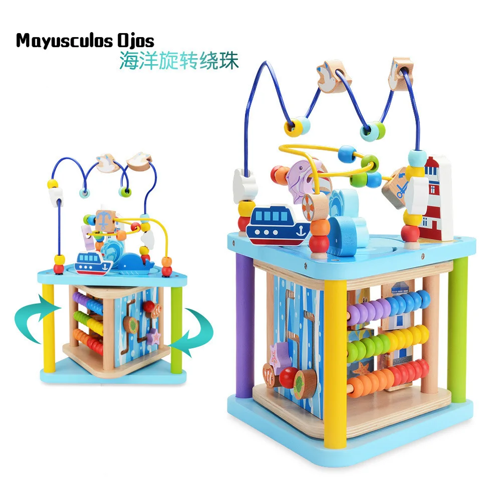 

ZH 1PC Multi-function Wooden Marine Rotation Large Beads Treasure Box Baby Early Learning Cognitive Educational Toys