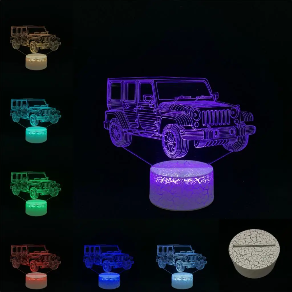 Jeep Car Style 3D Lamp Multicolor Night Light Desk Table Decorative LED USB Home Lighting Friend Gift Kid Toy Bedroom Crack Base