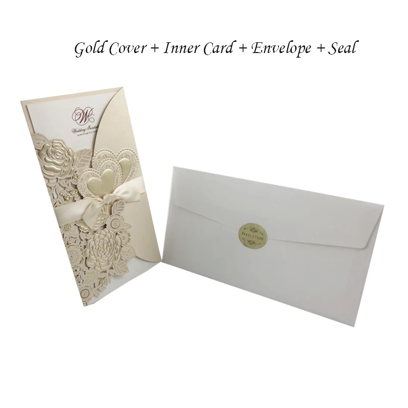 50 шт лазерная резка розовое сердце свадебные приглашения открытки поздравительные открытки на заказ с ленты для свадебного украшения вечерние принадлежности для мероприятий - Цвет: Fifty Sets Gold
