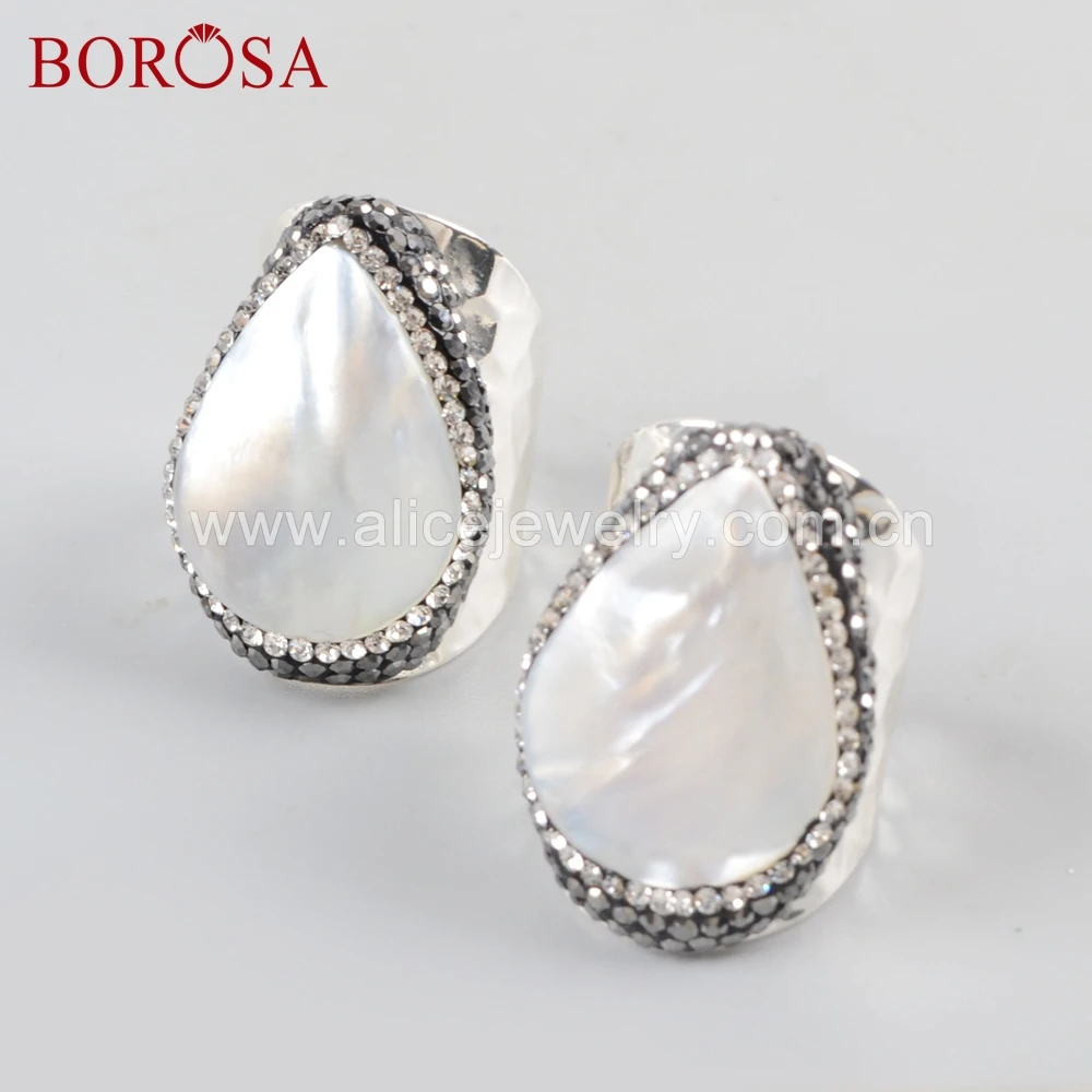 

BOROSA 6PCS Natural White Shell Silver Band Rings Rhinestone Paved Black Zircons Rings Gems Jewelry for Women JAB950