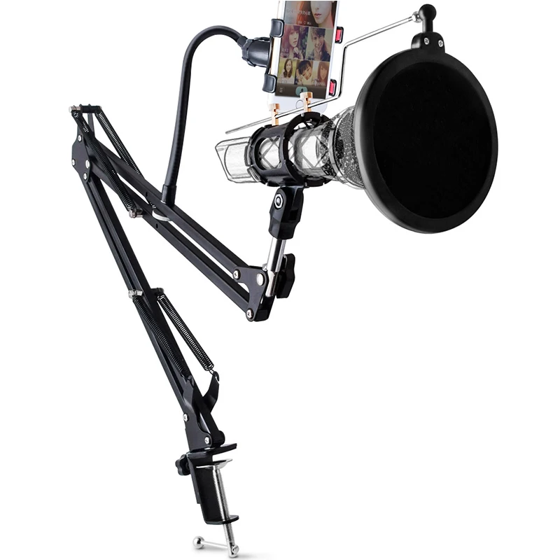 

Apleok 3 in 1 Extendable Recording Microphone Stand Microphone Pop Filter Phone Clip for PC Phone Broadcast Studio Live Show