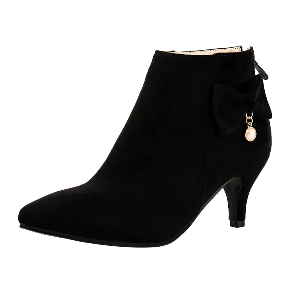 SAGACE/женские ботинки с острым носком; Ботильоны на каблуке с бантом; Ботильоны на молнии сзади; женская обувь; повседневные полуботинки; chaussures femme; - Цвет: Черный