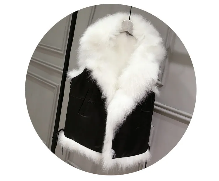 Новинка, женская зимняя белая жилетка из искусственного меха+ черная мотоциклетная куртка из искусственной кожи, короткая верхняя одежда, тонкая уличная куртка W1529