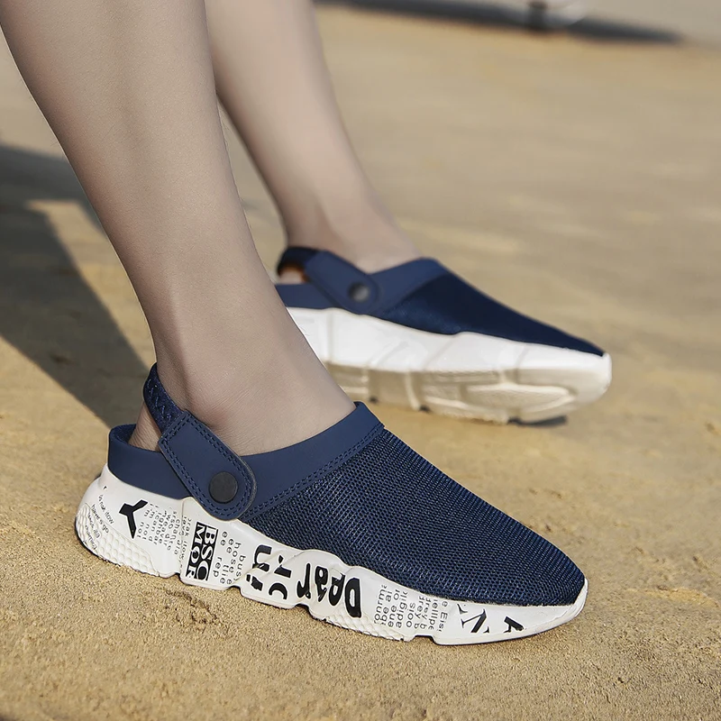 Designer Summer Men Sandals For Garden Breathable Men Air Mesh Shoes Dark Blue  Male Beach Sandals Super Light Men Slippers