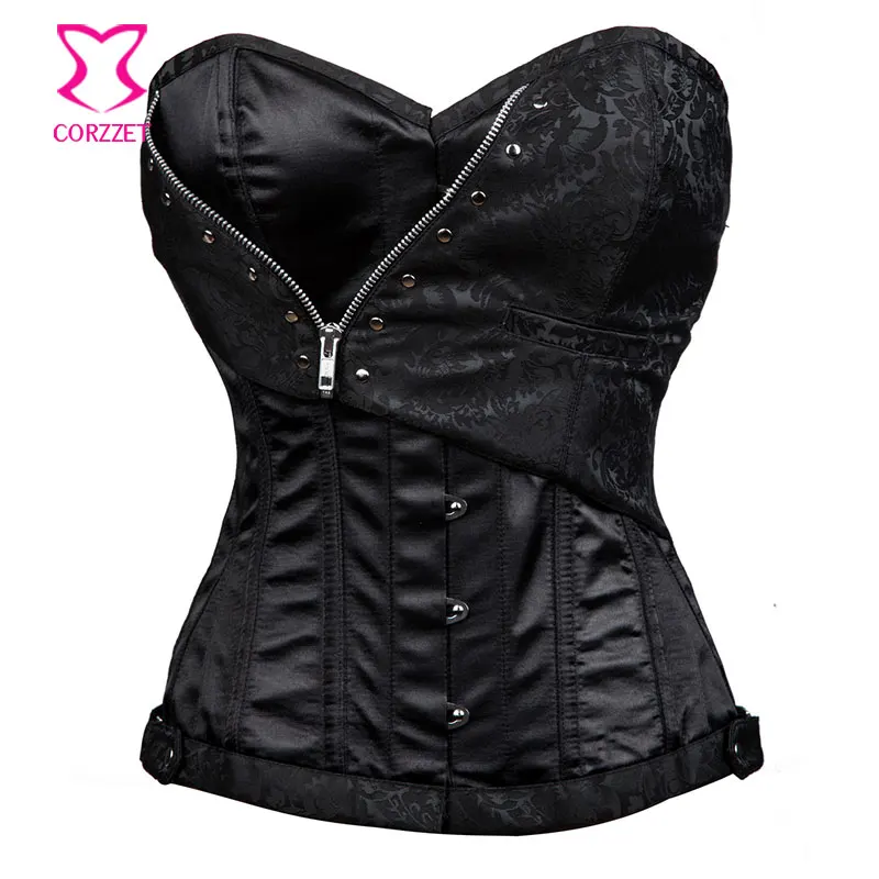 Black Zipper Sexy Corpetes E Espartilhos Gothic Corset Overbust Steampunk Corsets Steel Boned Waist Slimming Burlesque Costumes | Женская