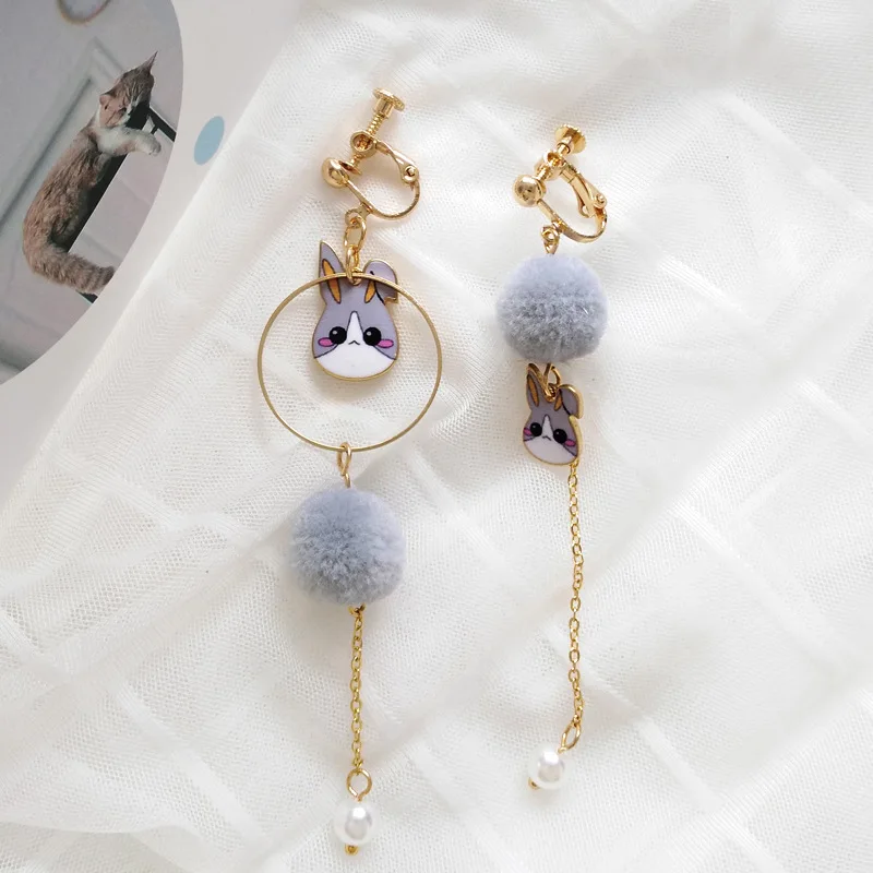 grey clip earring Помпоны с длинной цепочкой в виде животных, белые серьги в виде Рабита для женщин, милые каваи, розовые рабиты, клипсы на серьги без прокола, отверстие для ушей - Окраска металла: grey clip earring
