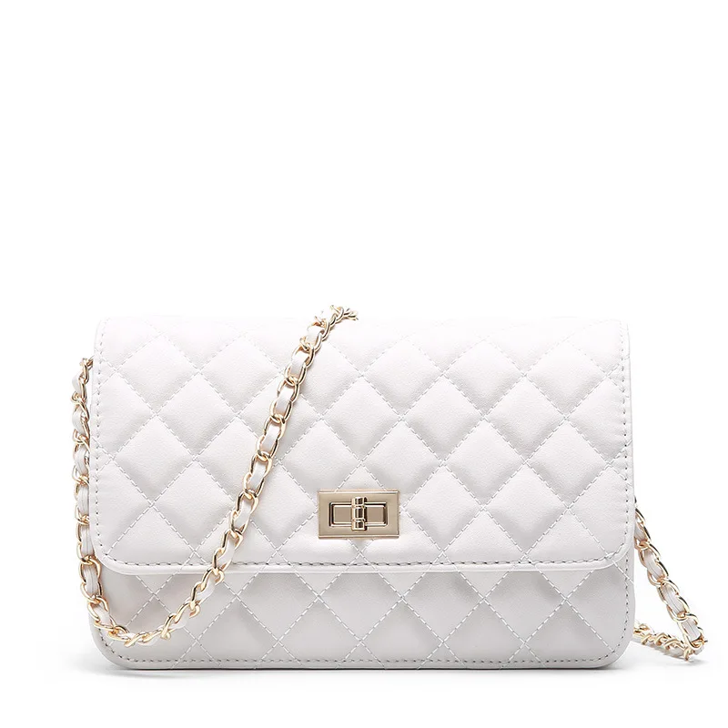 

2019 Summer Cowhide Women Single Shoulder Bag White Brand Diamond Lattice Chain Small Square Plaid Woman Chain Bags