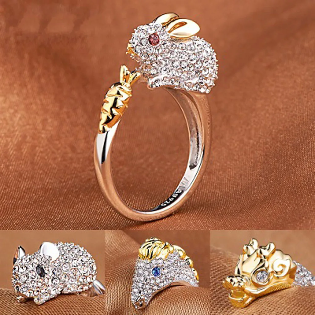 

Unique Cute Fashion Chinese Zodiac Retro Rings Animals Index Finger Opeing Rings For Women Girls Gift Rhinestone Rings 1pc