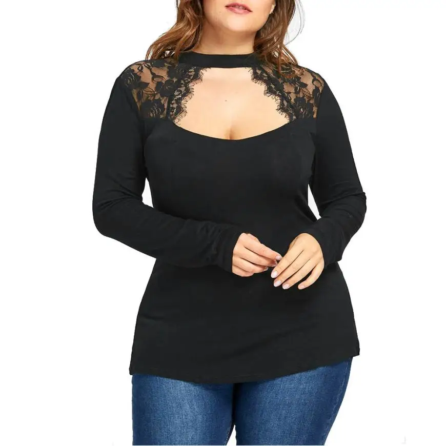  KANCOOLD T-Shirt new high quality fashion Long Sleeve Solid Plus Size T-Shirt Lace Casual Loose Top