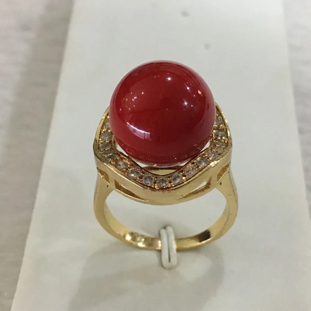

New trend lady's exquisite 18KGP inlay crystal 14mm red shell pearl ring SIZE 6/7/8/9/10
